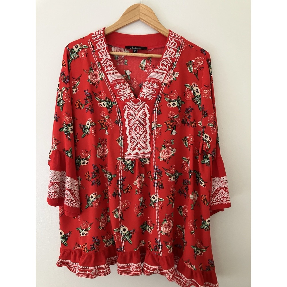 Calessa Floral Embroidered Split Tunic Size 3X Boho Beachy